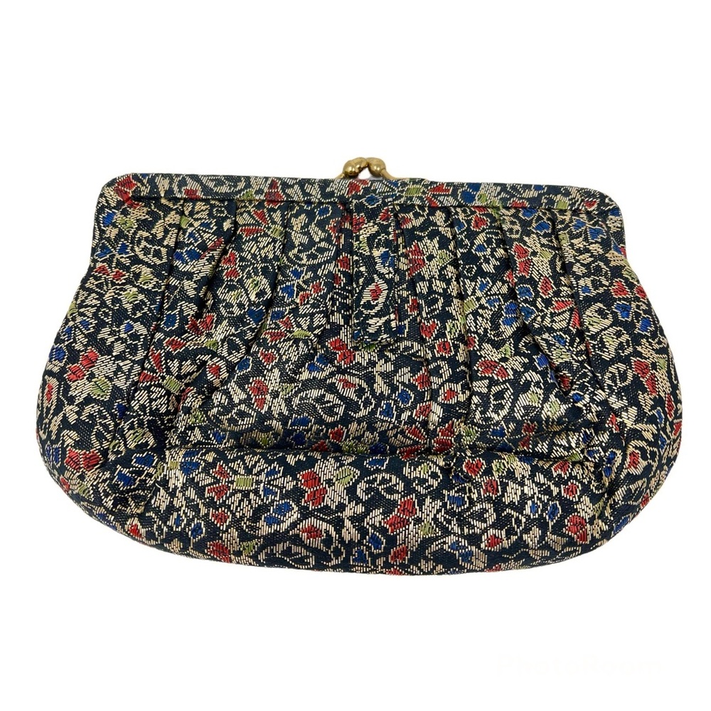 Vintage Frame Clutch Black Pouch Evening Kiss Clasp Purse Print Pleated Gold